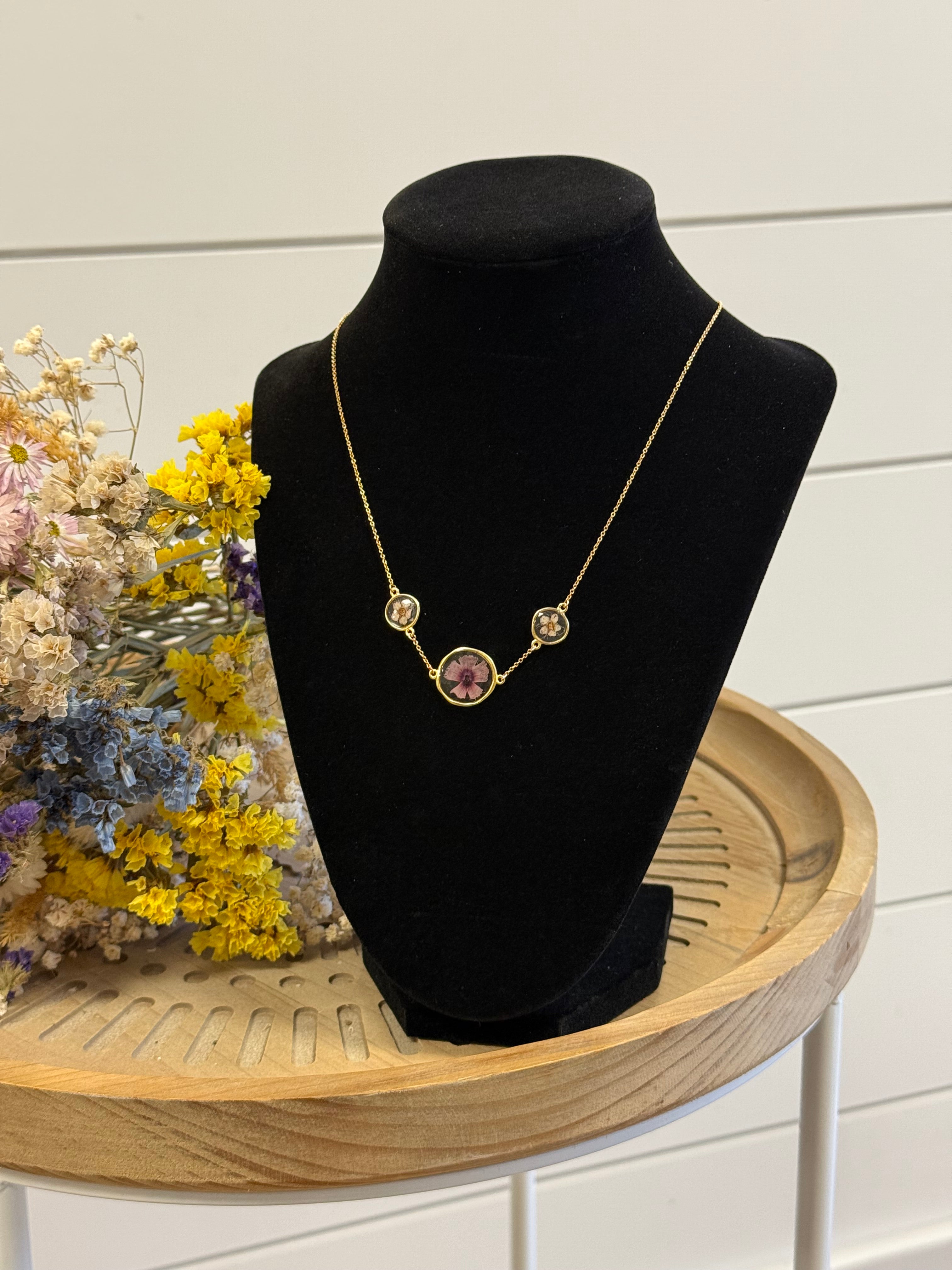 Pink Verbena & Spirea Triple Pendant Necklace